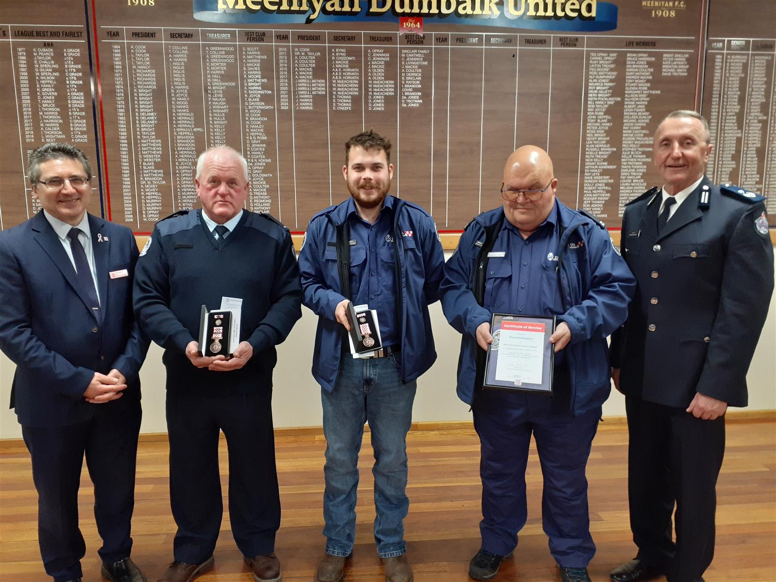 Meeniyan-Stony Creek medal recipients included, Captain Mal Price (30 years), Will McDonald (10 years) and Bruce Waddingham (5 years).